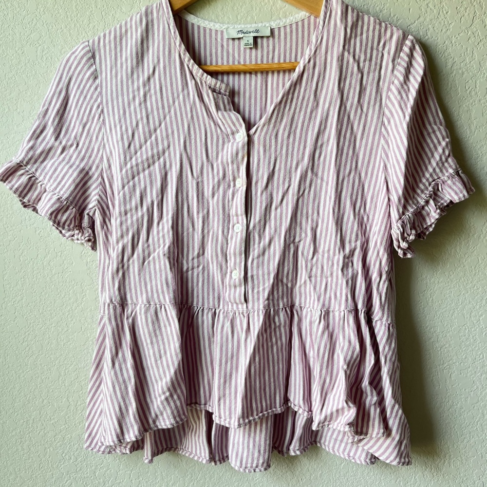 Madewell Purple and White Striped Peplum Tee Size Small